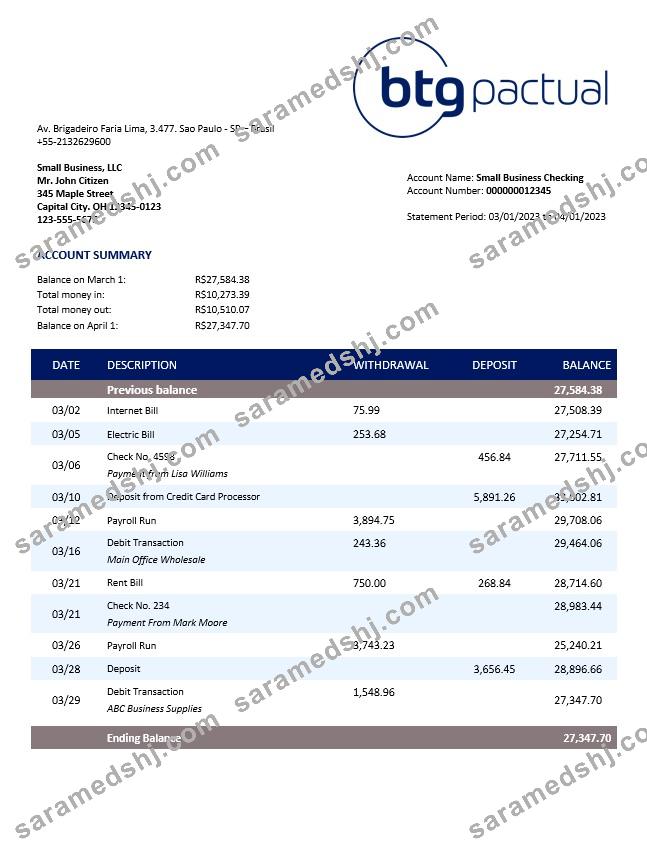 BTG Pactual Bank business checking account statement Word and PDF template